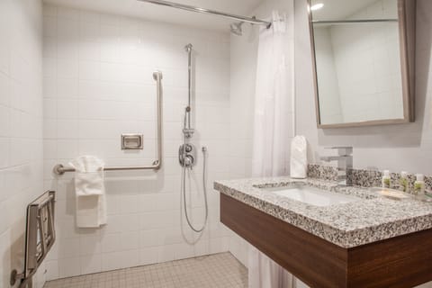 Combined shower/tub, eco-friendly toiletries, hair dryer, bathrobes