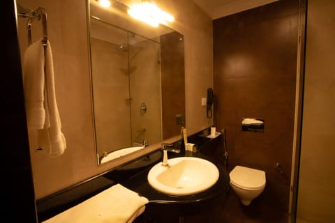 Combined shower/tub, deep soaking tub, free toiletries, hair dryer