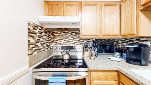 Electric Stove with four burners, Keruig, French Press - plus coffees, Tea Kettle and teas.  Stocked with everything you could need.