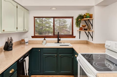 Kitchen with dishwasher, stove, deep sink, and mountain views