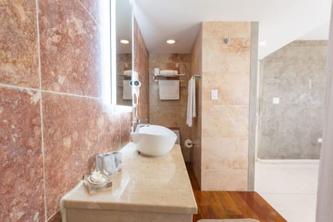 Premium Apartment | Bathroom | Shower, rainfall showerhead, hair dryer, towels