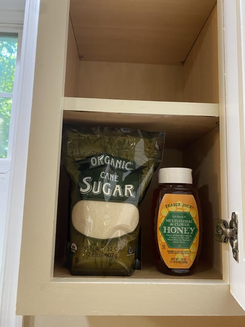 Well stocked. We provide organic coffee, tea, sugar, honey, and spices.