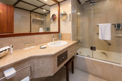 Combined shower/tub, free toiletries, hair dryer, bathrobes