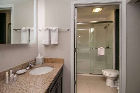 Combined shower/tub, free toiletries, hair dryer, towels