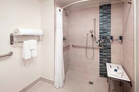 Combined shower/tub, free toiletries, hair dryer, towels