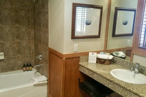 Combined shower/tub, designer toiletries, hair dryer, bathrobes