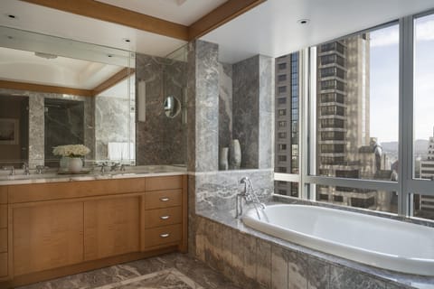 Separate tub and shower, deep soaking tub, designer toiletries