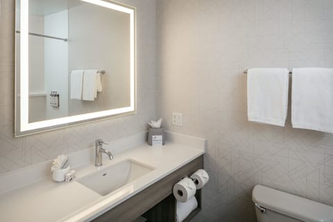 Combined shower/tub, free toiletries, hair dryer, towels