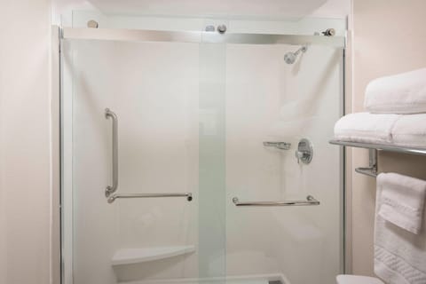 Combined shower/tub, free toiletries, hair dryer, towels