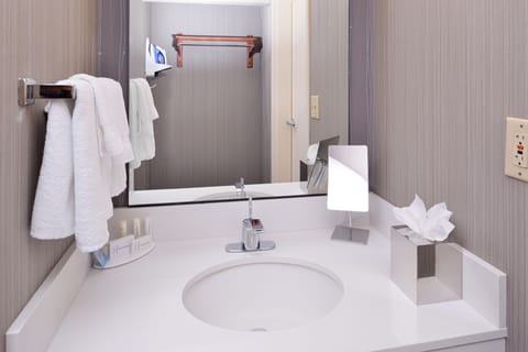 Combined shower/tub, rainfall showerhead, designer toiletries