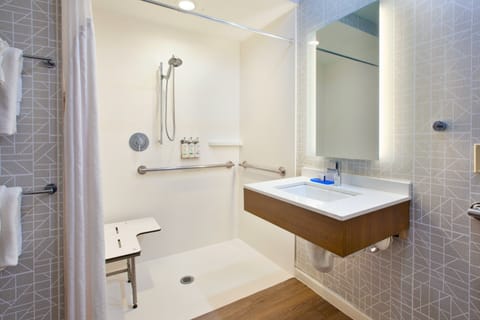 Standard Room, 2 Queen Beds (Mobility Roll-In Shower) | Bathroom | Hair dryer, towels, soap, shampoo
