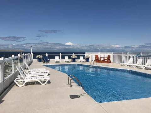 Seasonal outdoor pool, sun loungers