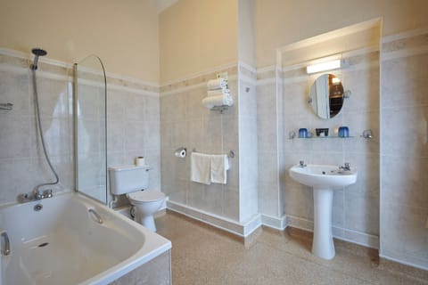 Combined shower/tub, free toiletries, hair dryer, towels