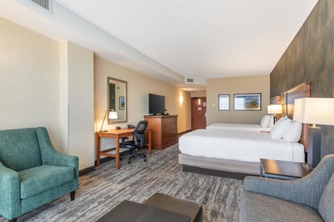 Desk, laptop workspace, blackout drapes, iron/ironing board