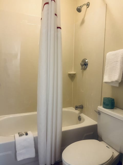 Combined shower/tub, eco-friendly toiletries, towels