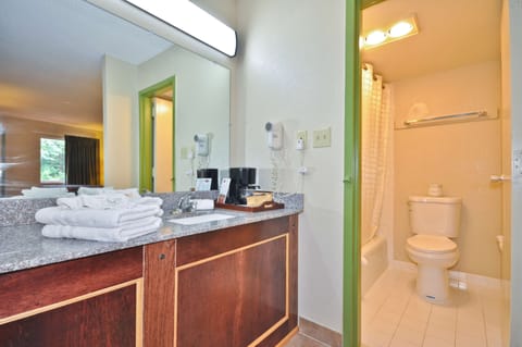 Combined shower/tub, free toiletries, hair dryer, towels