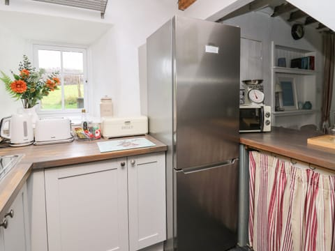 Fridge, electric kettle, cookware/dishes/utensils