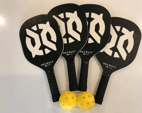 Pickleball paddles and balls. Public courts available.