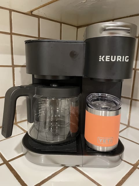 Keurig duo with drip or pods. Two starter pods available, filters available.