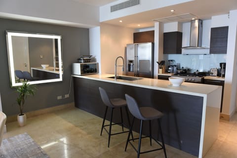 Luxury Apartment | Private kitchen | Full-size fridge, microwave, oven, espresso maker