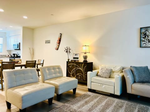 kitchen, dining and living area