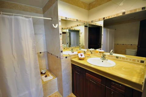 Combined shower/tub, towels