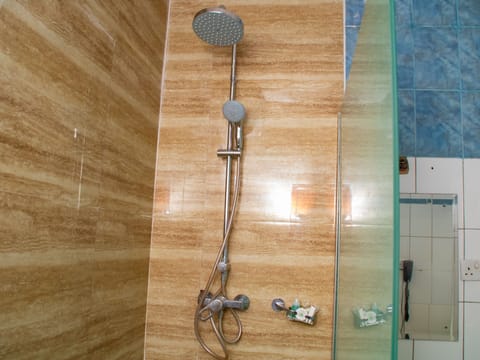 Combined shower/tub, hair dryer, towels