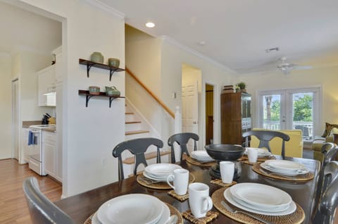 Indoor dining area connects the kitchen and living area.