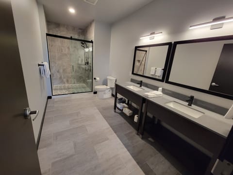 Executive Suite River and Street View | Bathroom | Shower, rainfall showerhead, towels