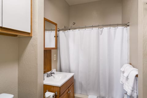 Economy House | Bathroom | Combined shower/tub, hair dryer, towels, soap