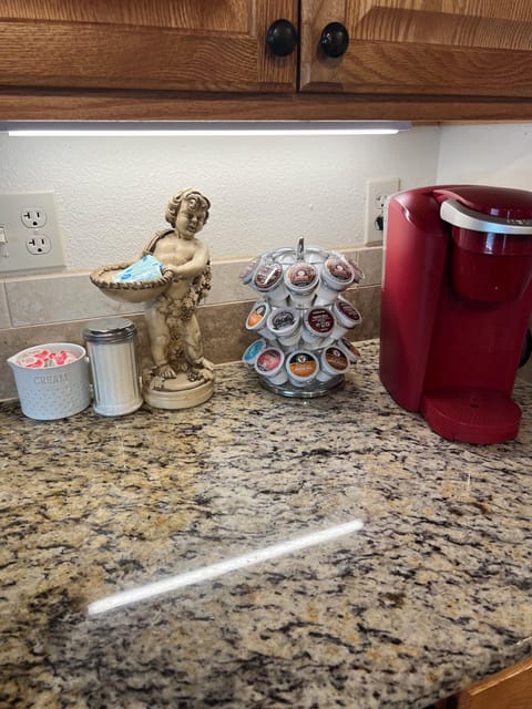 Keurig coffee maker with a variety of delicious coffee and tea. 