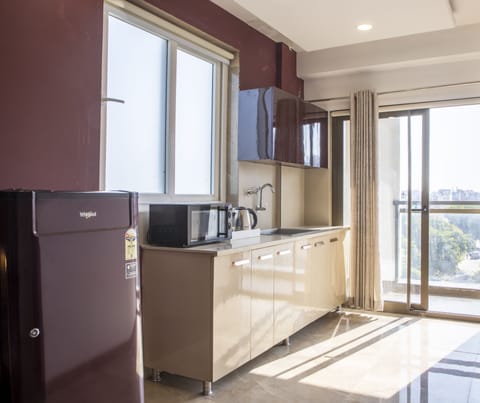 Luxury Apartment | Private kitchen | Fridge, microwave, stovetop, cookware/dishes/utensils