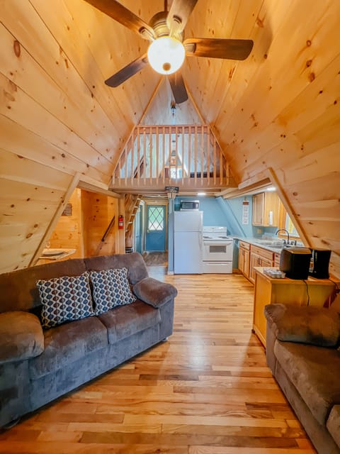 View of the cabins interior from the rear french doors.