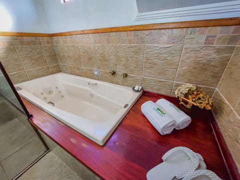 Suite Master | Bathroom | Shower, rainfall showerhead, hair dryer, towels