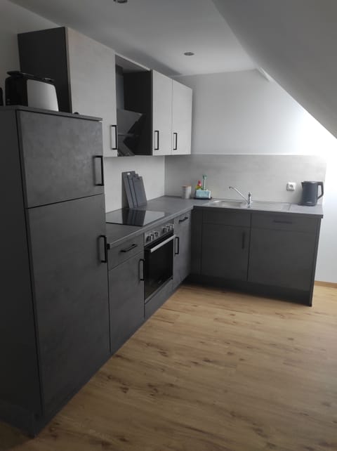 Fridge, stovetop, dishwasher, coffee/tea maker