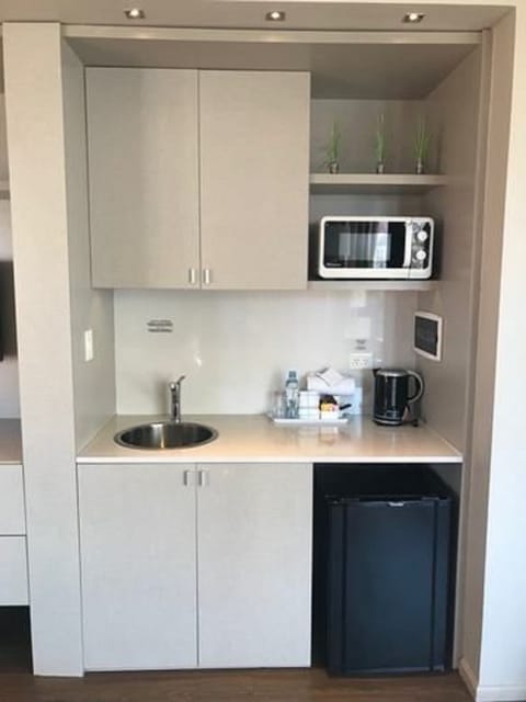 Fridge, microwave, coffee/tea maker, electric kettle