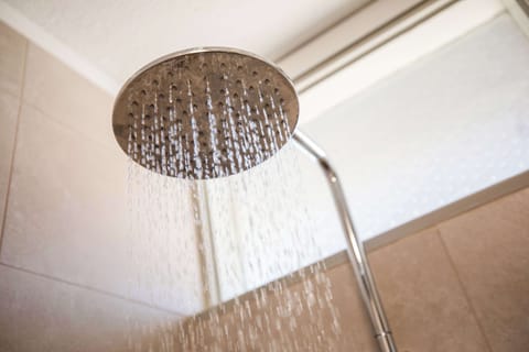 Shower, rainfall showerhead, hair dryer, towels