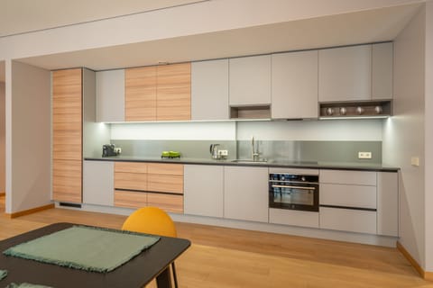 Design Apartment | Private kitchen | Full-size fridge, stovetop, dishwasher, espresso maker