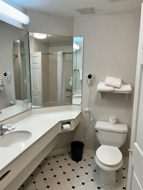Combined shower/tub, free toiletries, hair dryer, towels