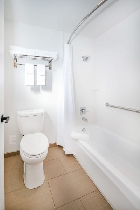 Combined shower/tub, free toiletries, hair dryer, towels