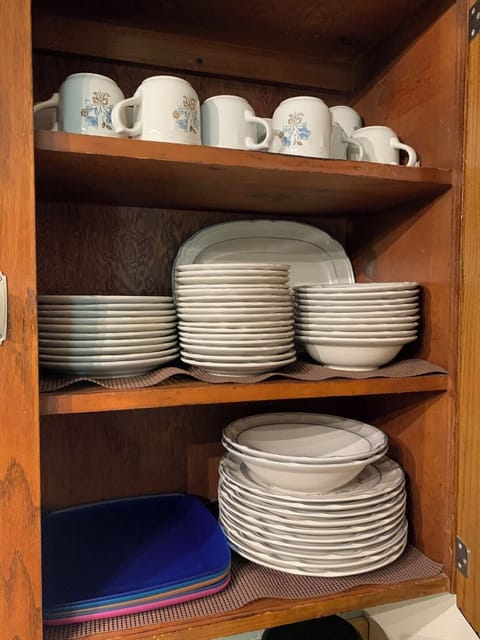Dishes, cups, glassware for adults and children; pots & pans, utensils, etc.