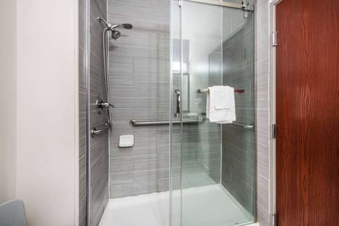 Combined shower/tub, free toiletries, hair dryer, towels