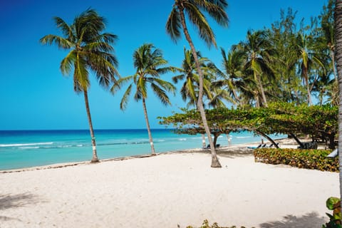 On the beach, white sand, sun loungers, beach towels