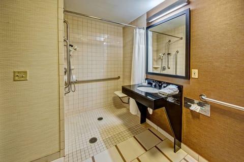 Room, 2 Double Beds | Bathroom | Combined shower/tub, hair dryer, towels, soap