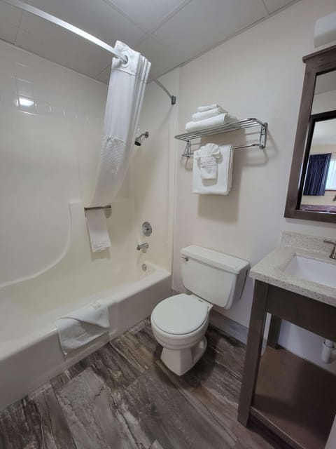 Combined shower/tub, free toiletries, hair dryer, towels