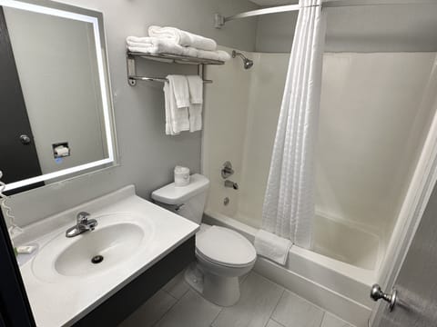 Combined shower/tub, free toiletries, hair dryer, towels