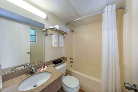 Combined shower/tub, free toiletries, hair dryer, towels