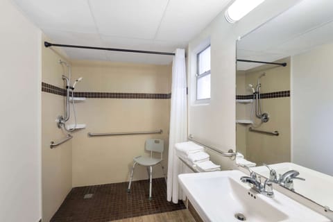 Combined shower/tub, free toiletries, hair dryer, towels