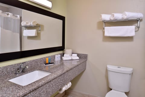 Combined shower/tub, free toiletries, hair dryer, towels