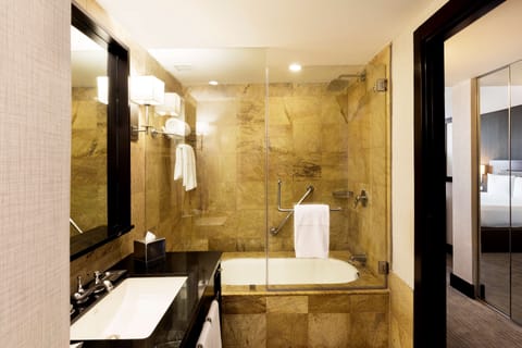 2 double beds | Bathroom | Shower, hair dryer, towels